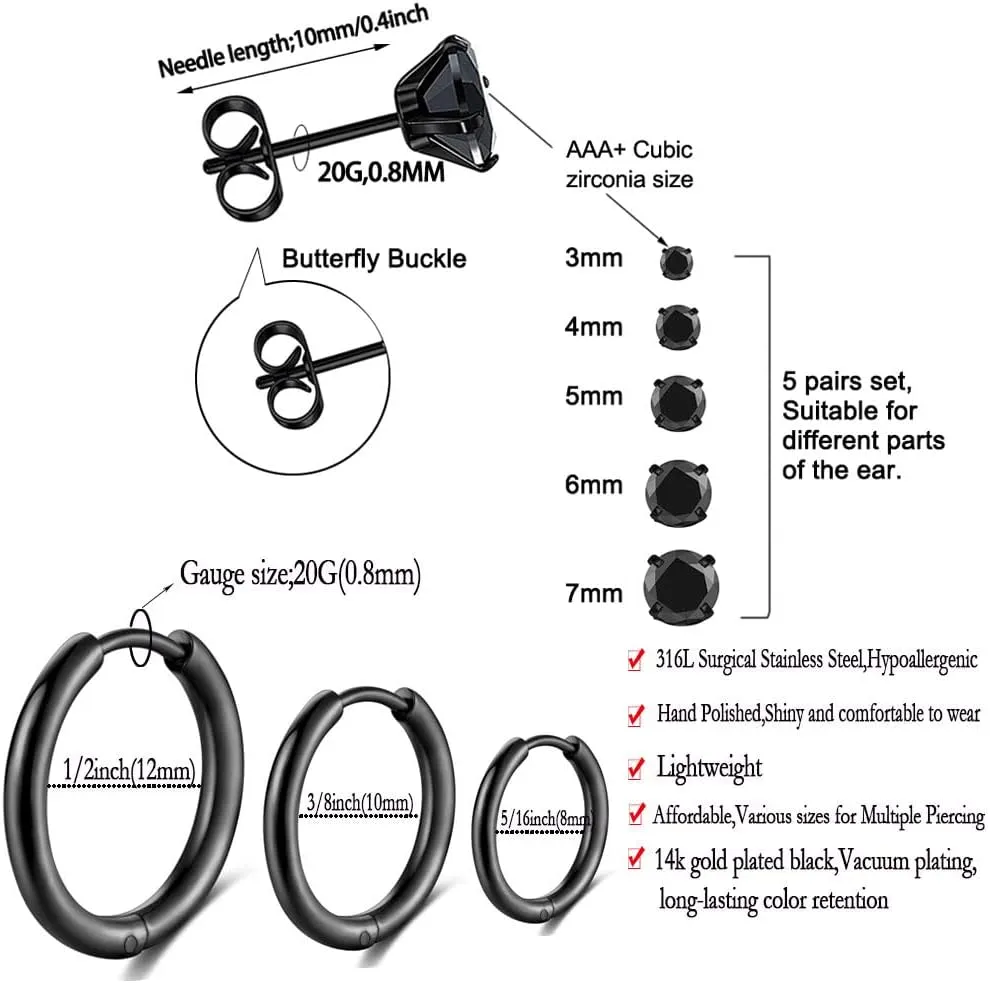 Surgical Stainless Steel Stud Earrings Hoop Earrings for Women Men 14K Gold Plated Hypoallergenic Cartilage Earrings Flat Back CZ Earrings Set Dainty Multiple Piercing Pack of 8 Pairs