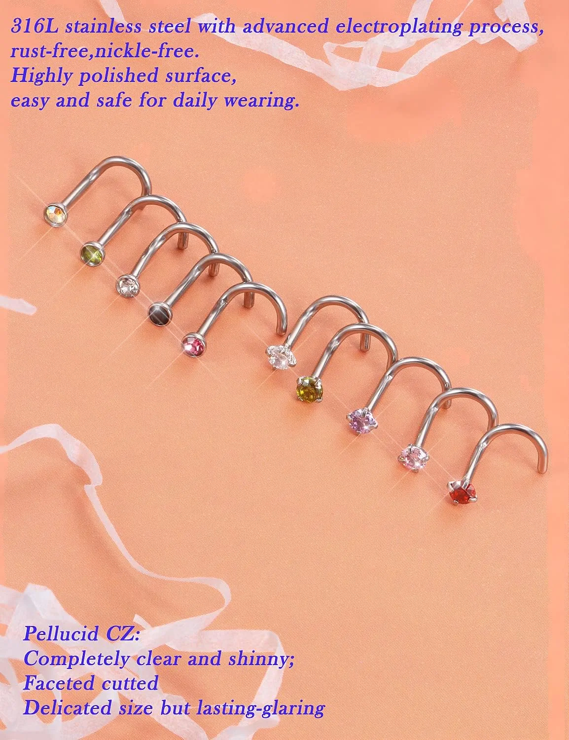 Surgical Steel Nose Ring Stud 18G 20G 22G L Shaped Screw Straight Nose Studs CZ Top 1.5mm 2mm 2.5mm 3mm 3.5mm 4mm Nose Piercings 18 Gauge 20 Gauge 22 Gauge Nose Rings Studs for Women Men
