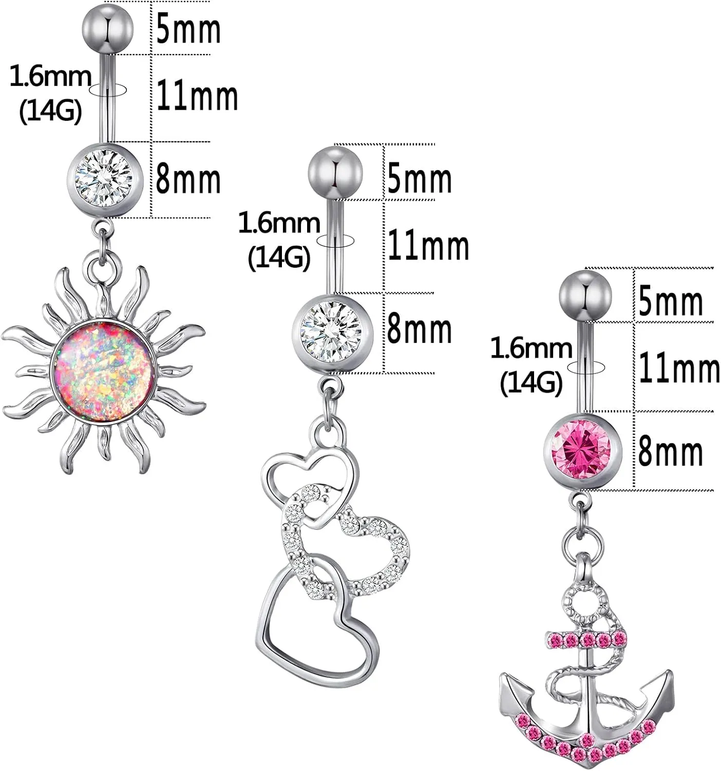 TAMHOO 15PCS 14G Stainless Steel Belly Button Rings for Women with AAA Cubic Zirconia