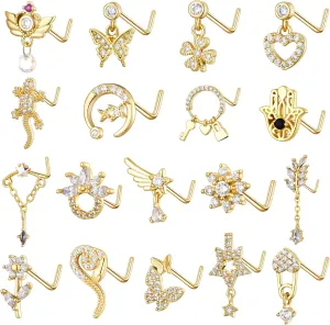 TAMHOO 18Pcs Nose Rings - L Shape, Butterfly & Heart Designs - Gold Nose Studs for Women