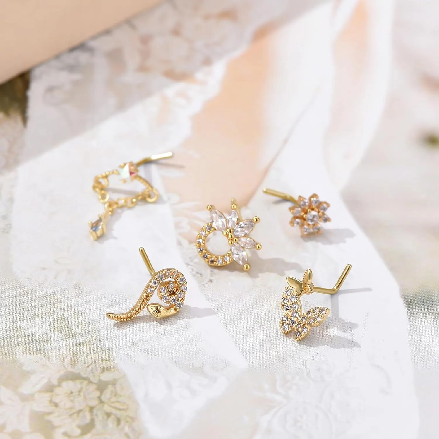 TAMHOO 18Pcs Nose Rings - L Shape, Butterfly & Heart Designs - Gold Nose Studs for Women