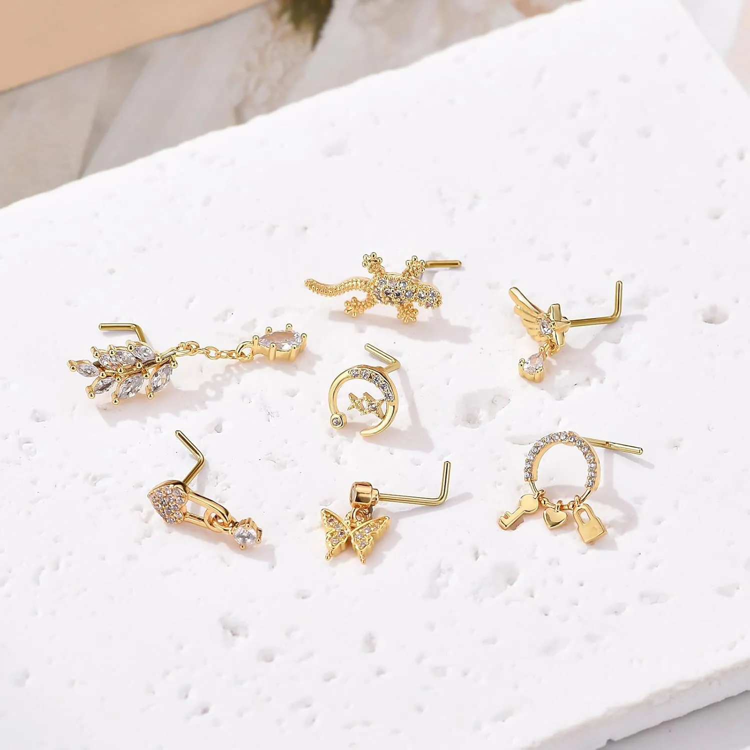 TAMHOO 18Pcs Nose Rings - L Shape, Butterfly & Heart Designs - Gold Nose Studs for Women