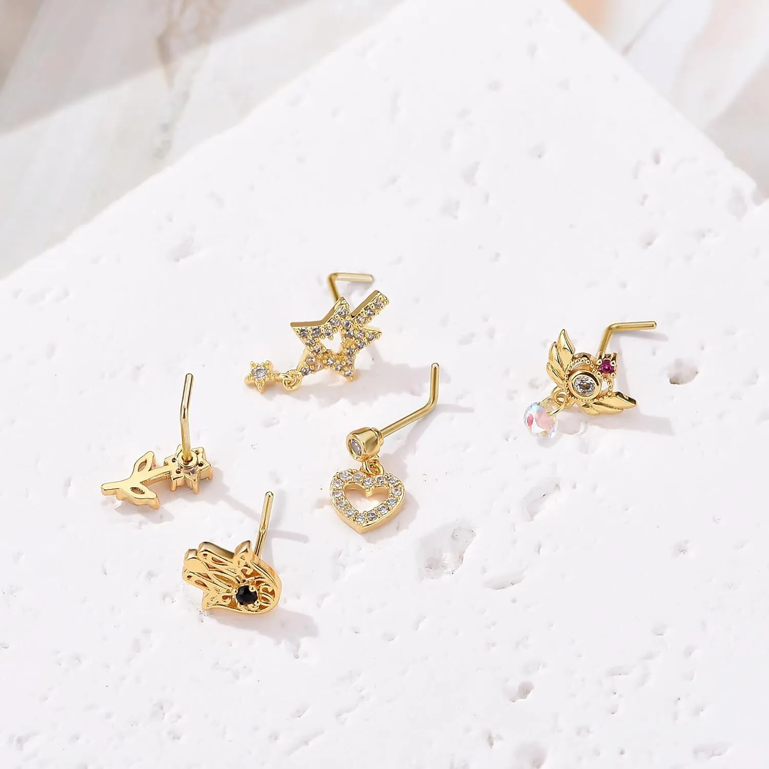 TAMHOO 18Pcs Nose Rings - L Shape, Butterfly & Heart Designs - Gold Nose Studs for Women