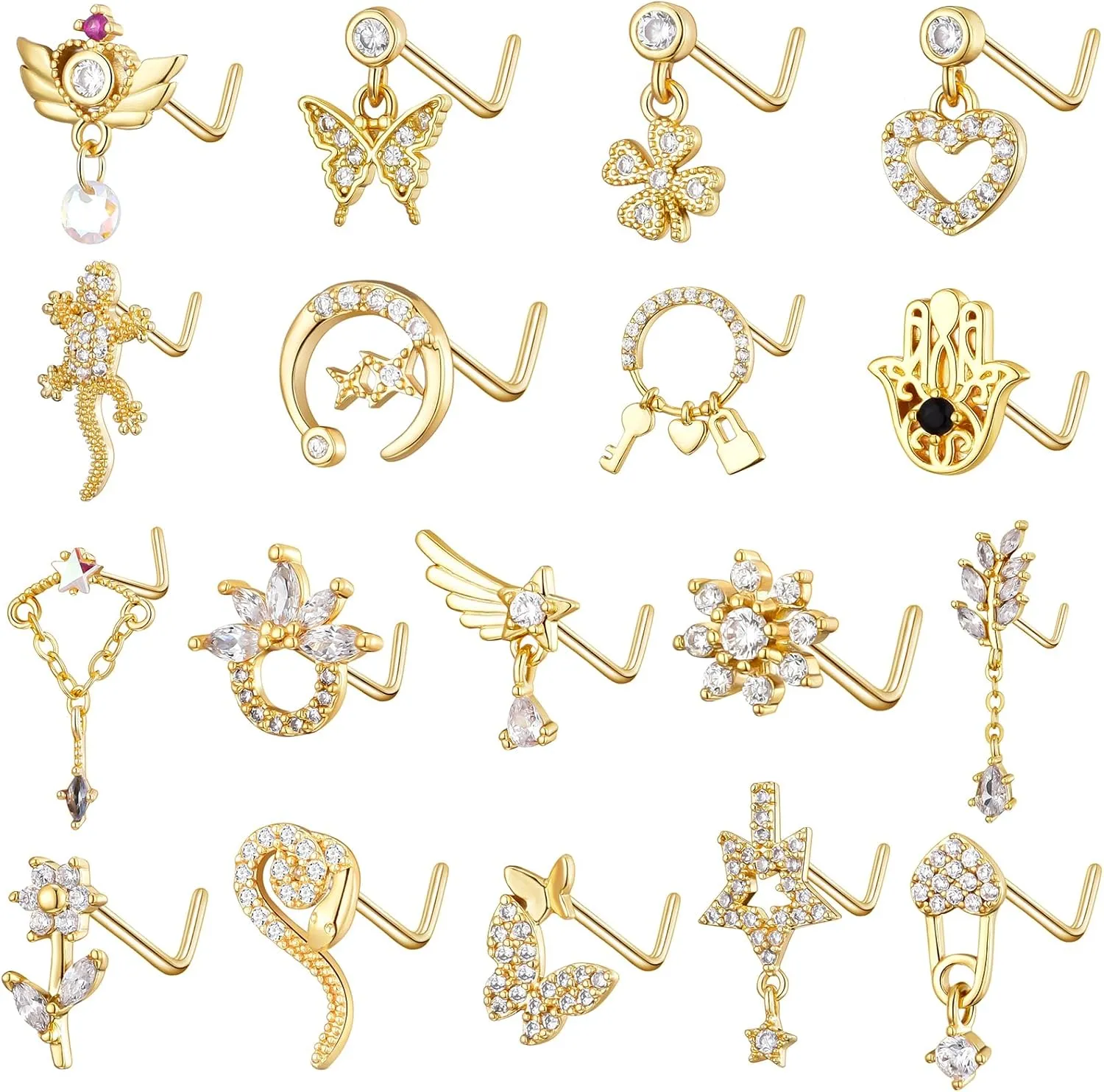 TAMHOO 18Pcs Nose Rings - L Shape, Butterfly & Heart Designs - Gold Nose Studs for Women