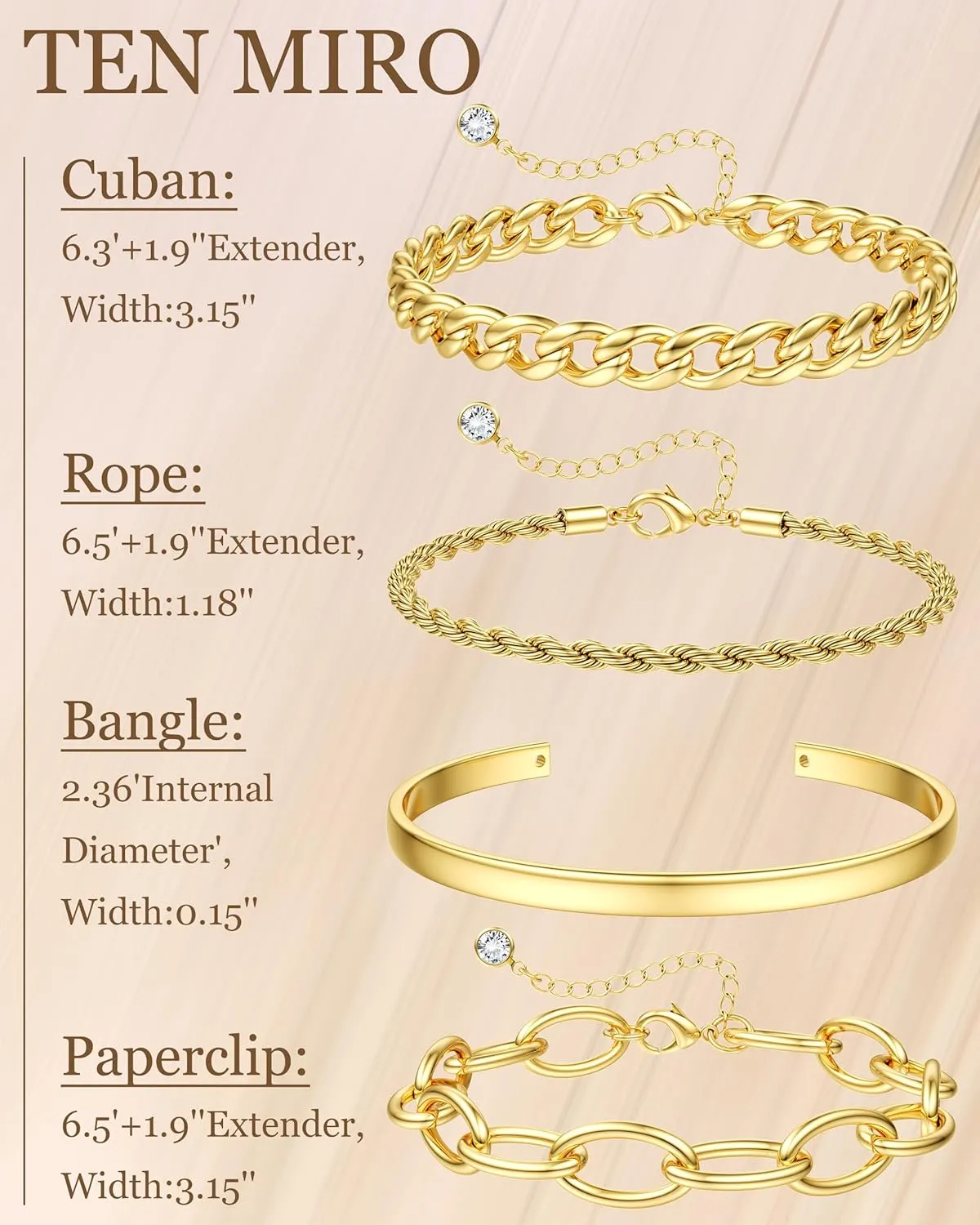 TEN MIRO 16k Chunky Gold Bracelets for Women Non Tarnish, Womens Gold Bracelet Stack Layered Chunky Chain Bracelets Waterproof Link Cuff Herringbone Bracelet Mothers' Day Jewelry Gifts