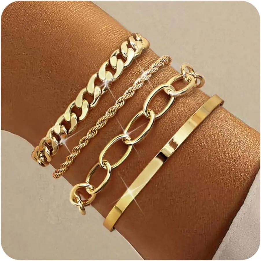 TEN MIRO 16k Chunky Gold Bracelets for Women Non Tarnish, Womens Gold Bracelet Stack Layered Chunky Chain Bracelets Waterproof Link Cuff Herringbone Bracelet Mothers' Day Jewelry Gifts