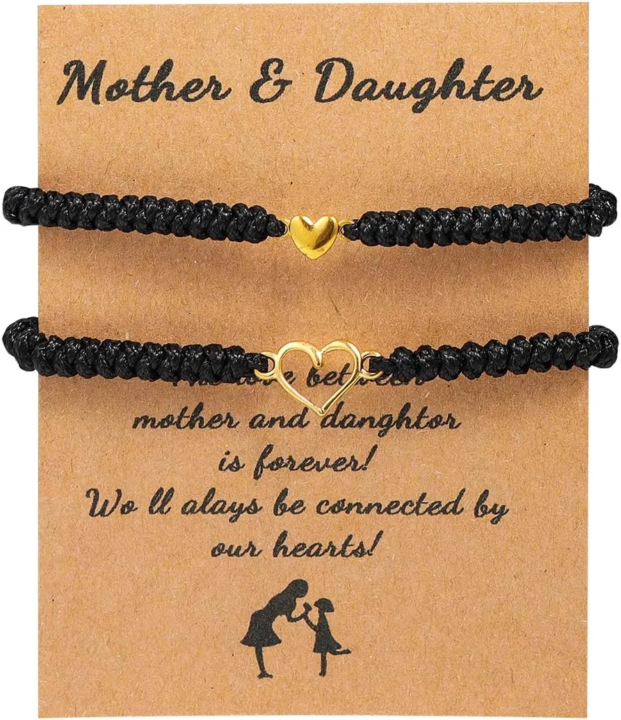 tenghong2021 2Pcs Love Braided String Bracelets for Mother Daughter Sweet Hollow Heart Matching Adjustable Bracelet Pink Black Red String Mother's Day Bracelets Gifts for Women Jewelry