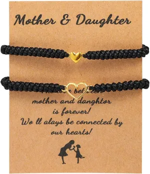 tenghong2021 2Pcs Love Braided String Bracelets for Mother Daughter Sweet Hollow Heart Matching Adjustable Bracelet Pink Black Red String Mother's Day Bracelets Gifts for Women Jewelry