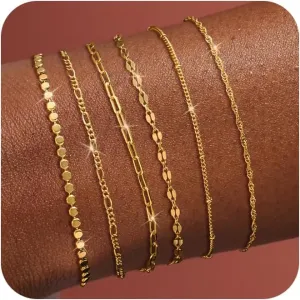 Tewiky Stack Gold Bracelets for Women Non Tarnish - Dainty 14K Gold Plated/Sterling Silver Chain Bracelets Set Adjustable Trendy Waterproof Jewelry for Women