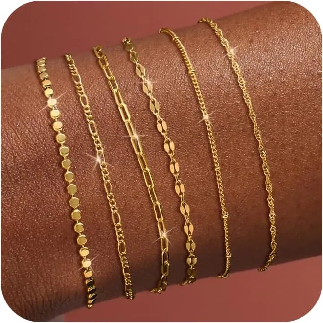 Tewiky Stack Gold Bracelets for Women Non Tarnish - Dainty 14K Gold Plated/Sterling Silver Chain Bracelets Set Adjustable Trendy Waterproof Jewelry for Women