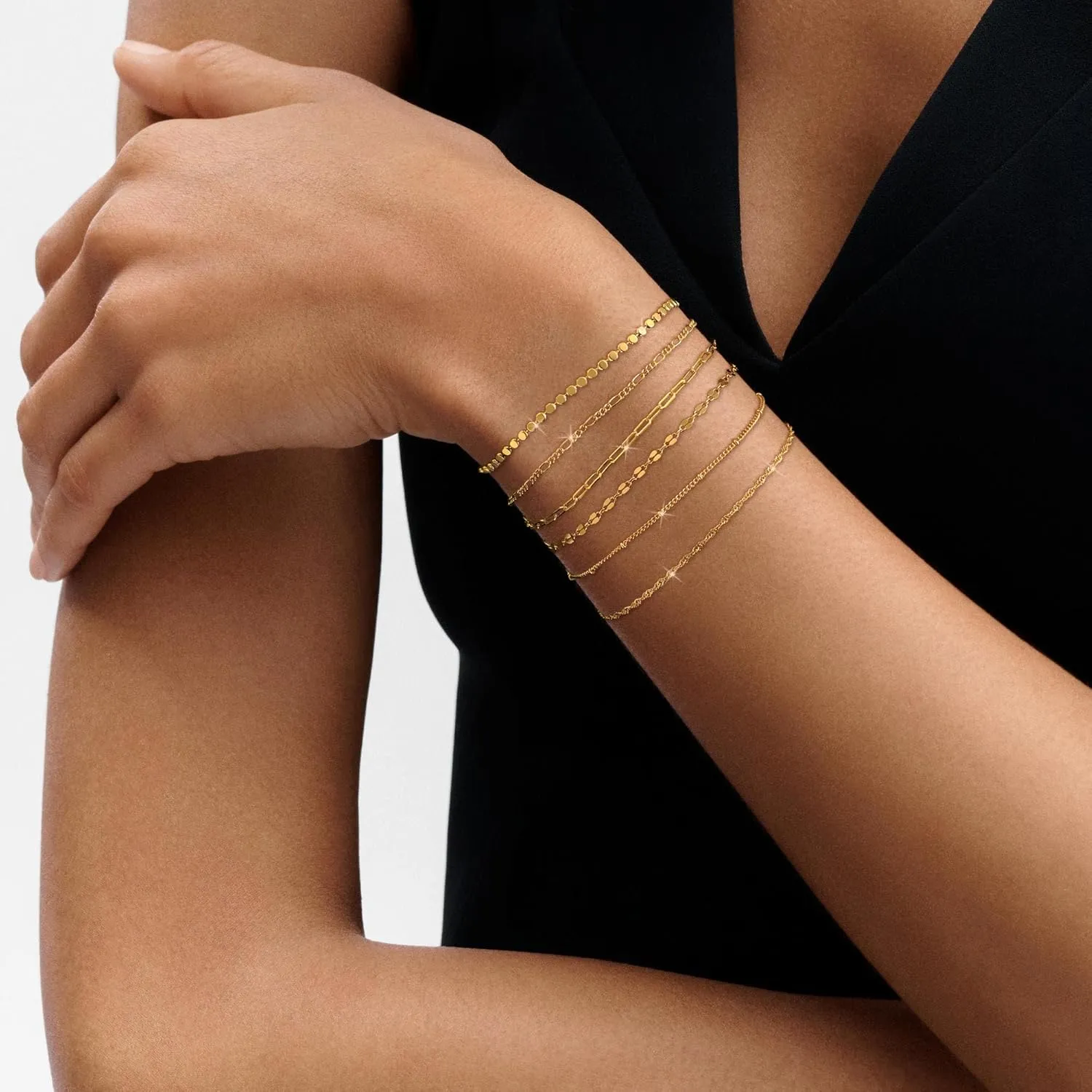 Tewiky Stack Gold Bracelets for Women Non Tarnish - Dainty 14K Gold Plated/Sterling Silver Chain Bracelets Set Adjustable Trendy Waterproof Jewelry for Women