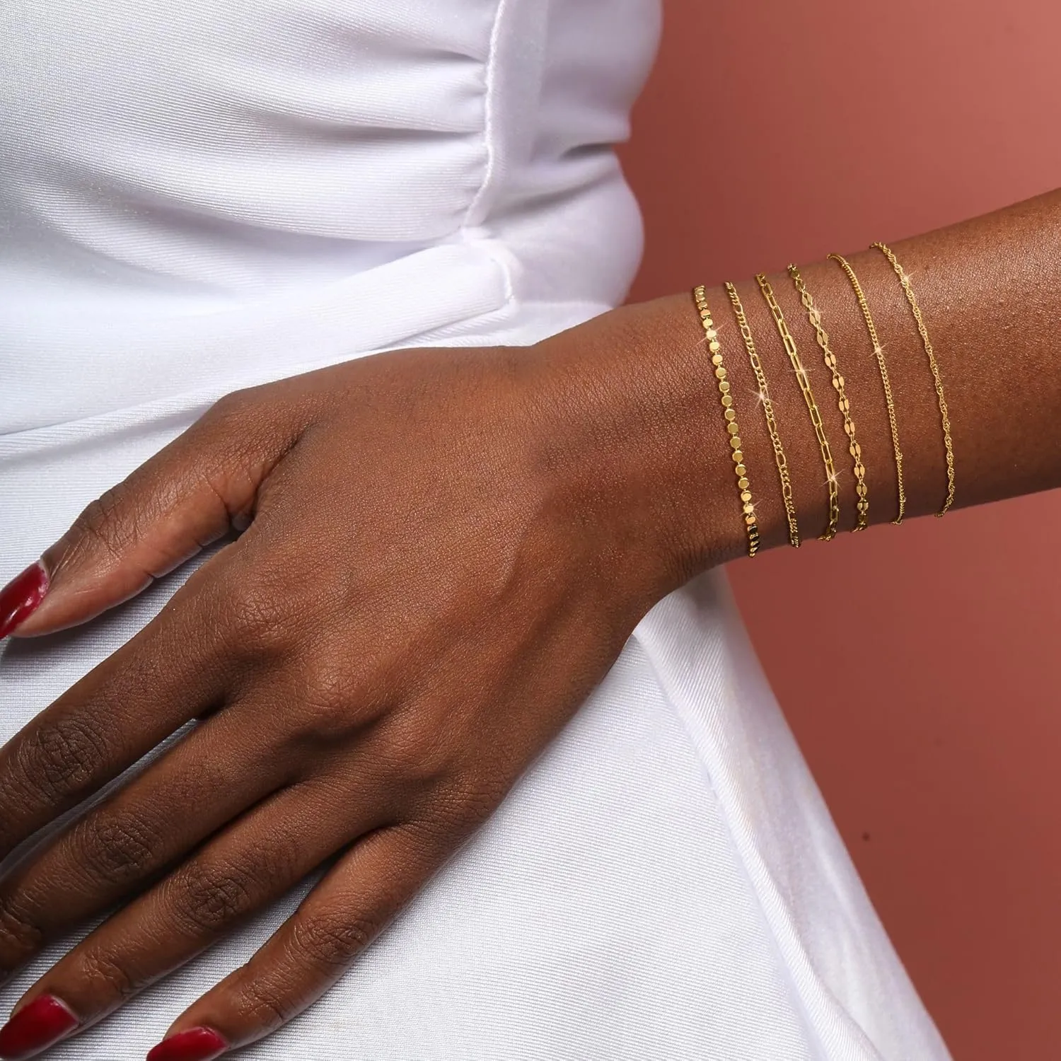 Tewiky Stack Gold Bracelets for Women Non Tarnish - Dainty 14K Gold Plated/Sterling Silver Chain Bracelets Set Adjustable Trendy Waterproof Jewelry for Women