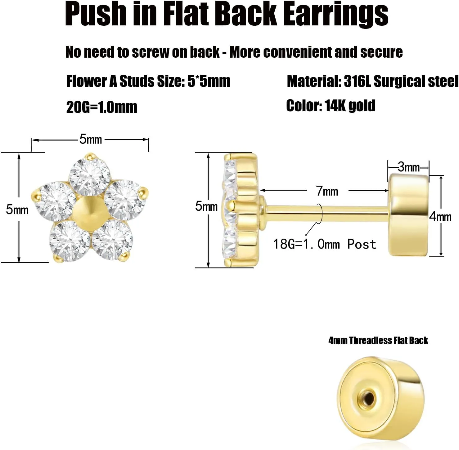 Threadless Flat Back Earrings, Hypoallergenic 14K Real Gold Plated CZ Butterfly, Flower, Crawler Stud Earrings | Cartilage Earring | Tragus Helix Piercing Jewelry | Push in Flatback Earrings for Women Men