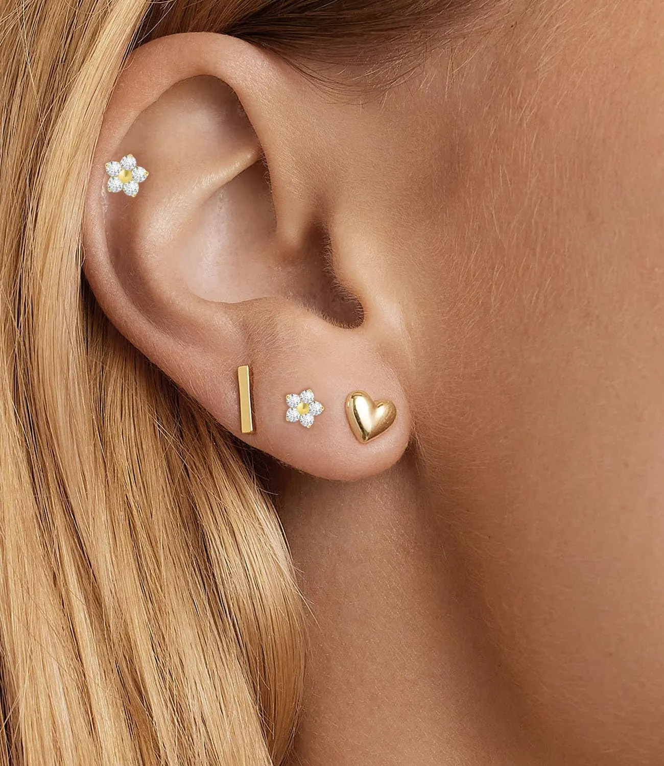 Threadless Flat Back Earrings, Hypoallergenic 14K Real Gold Plated CZ Butterfly, Flower, Crawler Stud Earrings | Cartilage Earring | Tragus Helix Piercing Jewelry | Push in Flatback Earrings for Women Men