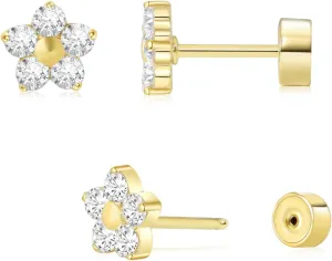 Threadless Flat Back Earrings, Hypoallergenic 14K Real Gold Plated CZ Butterfly, Flower, Crawler Stud Earrings | Cartilage Earring | Tragus Helix Piercing Jewelry | Push in Flatback Earrings for Women Men