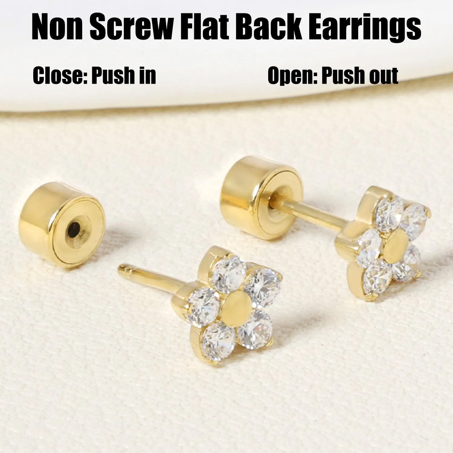 Threadless Flat Back Earrings, Hypoallergenic 14K Real Gold Plated CZ Butterfly, Flower, Crawler Stud Earrings | Cartilage Earring | Tragus Helix Piercing Jewelry | Push in Flatback Earrings for Women Men