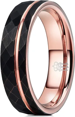 THREE KEYS JEWELRY Mens Womens Black Tungsten Rings 4mm 6mm 8mm Hammered Facet Silver Brushed with Rose Gold Stripe Wedding Bands