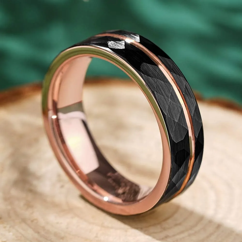 THREE KEYS JEWELRY Mens Womens Black Tungsten Rings 4mm 6mm 8mm Hammered Facet Silver Brushed with Rose Gold Stripe Wedding Bands
