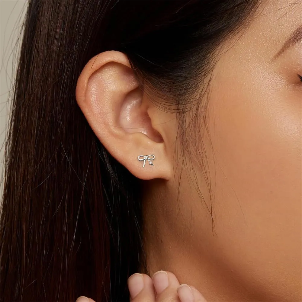 Tiny Bow Stud Earrings for Women S925 Sterling Silver Rhinestone Tragus Piercing Helix Screw Earrings Ribbon Knot Cartilage Earrings Minimalist Jewelry