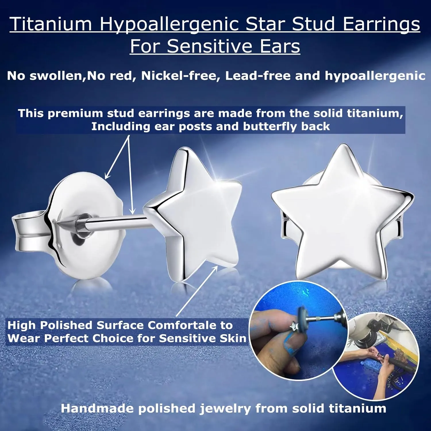 Titanium Earrings, Hypoallergenic Stud Earrings for Women Men Sensitive Ears Star/Moon/Lightning Bolt/Open Heart Premium High Polished (Shiny Grey)