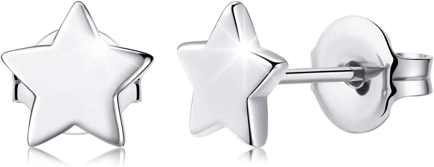 Titanium Earrings, Hypoallergenic Stud Earrings for Women Men Sensitive Ears Star/Moon/Lightning Bolt/Open Heart Premium High Polished (Shiny Grey)