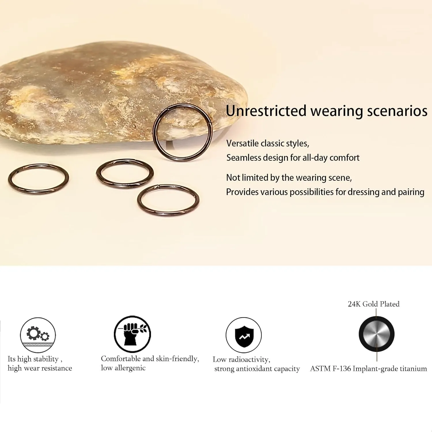 Titanium Nose Rings 20G 18G 16G Nose Rings Hoops Septum Clicker Hinged Segment Ring Cartilage Helix Tragus Conch Daith Rook Hoop Earring, Diameter 5mm to 12mm Silver-Gold-Rose Gold-Black Hoop Ring