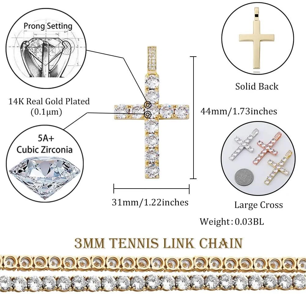 TOPGRILLZ Cross Necklace for Men Gold Necklace for Women Gold Heart Cross Jewelry 14K Silver Plated Solid Iced Cubic Zirconia Stainless Steel Pendant Chain