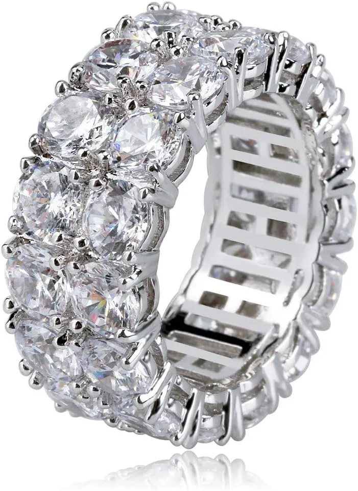TOPGRILLZ Rings for Men - Men's 14K Gold Plated Brass, Chunky Faux Diamond Band Ring for Women, Unisex, 9mm - 2 Rows Round Cubic Zirconia Eternity