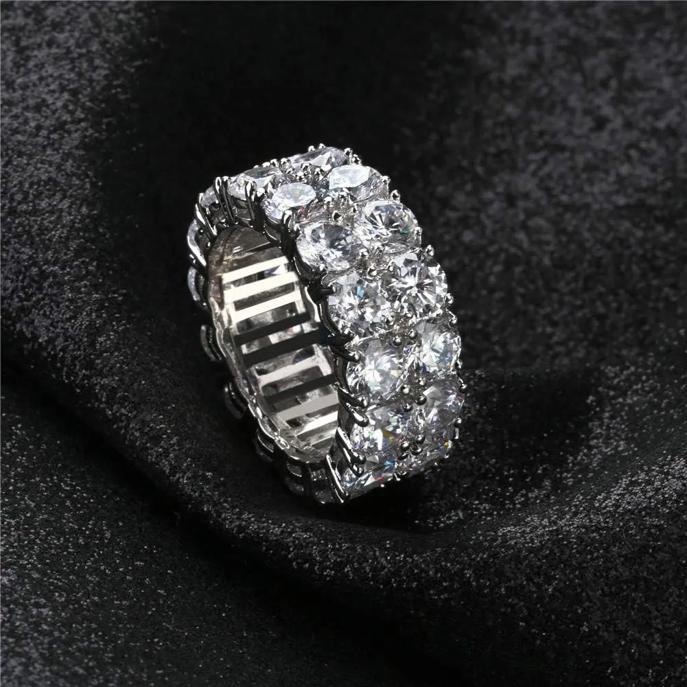 TOPGRILLZ Rings for Men - Men's 14K Gold Plated Brass, Chunky Faux Diamond Band Ring for Women, Unisex, 9mm - 2 Rows Round Cubic Zirconia Eternity