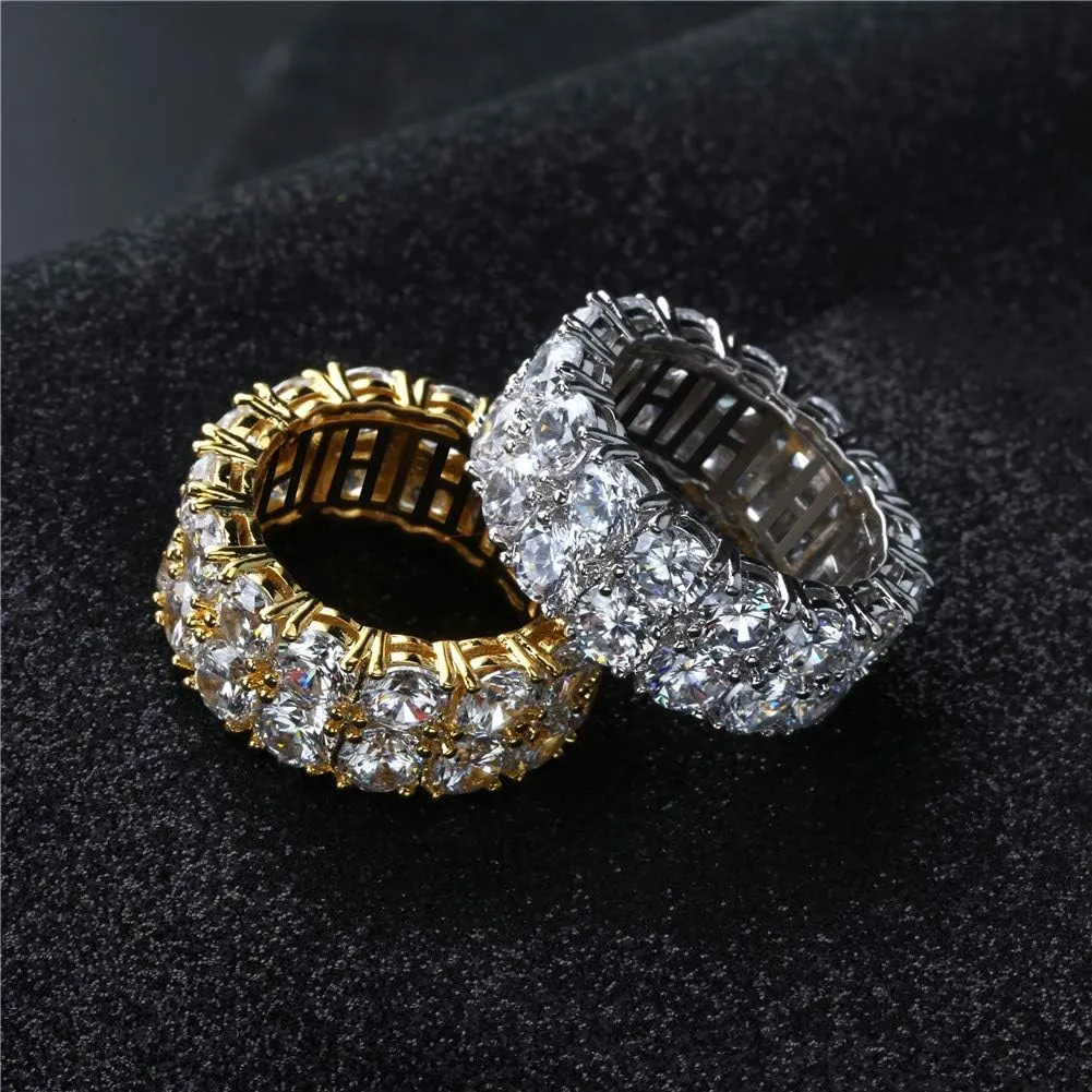 TOPGRILLZ Rings for Men - Men's 14K Gold Plated Brass, Chunky Faux Diamond Band Ring for Women, Unisex, 9mm - 2 Rows Round Cubic Zirconia Eternity