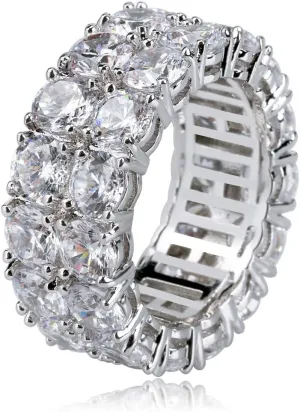 TOPGRILLZ Rings for Men - Men's 14K Gold Plated Brass, Chunky Faux Diamond Band Ring for Women, Unisex, 9mm - 2 Rows Round Cubic Zirconia Eternity
