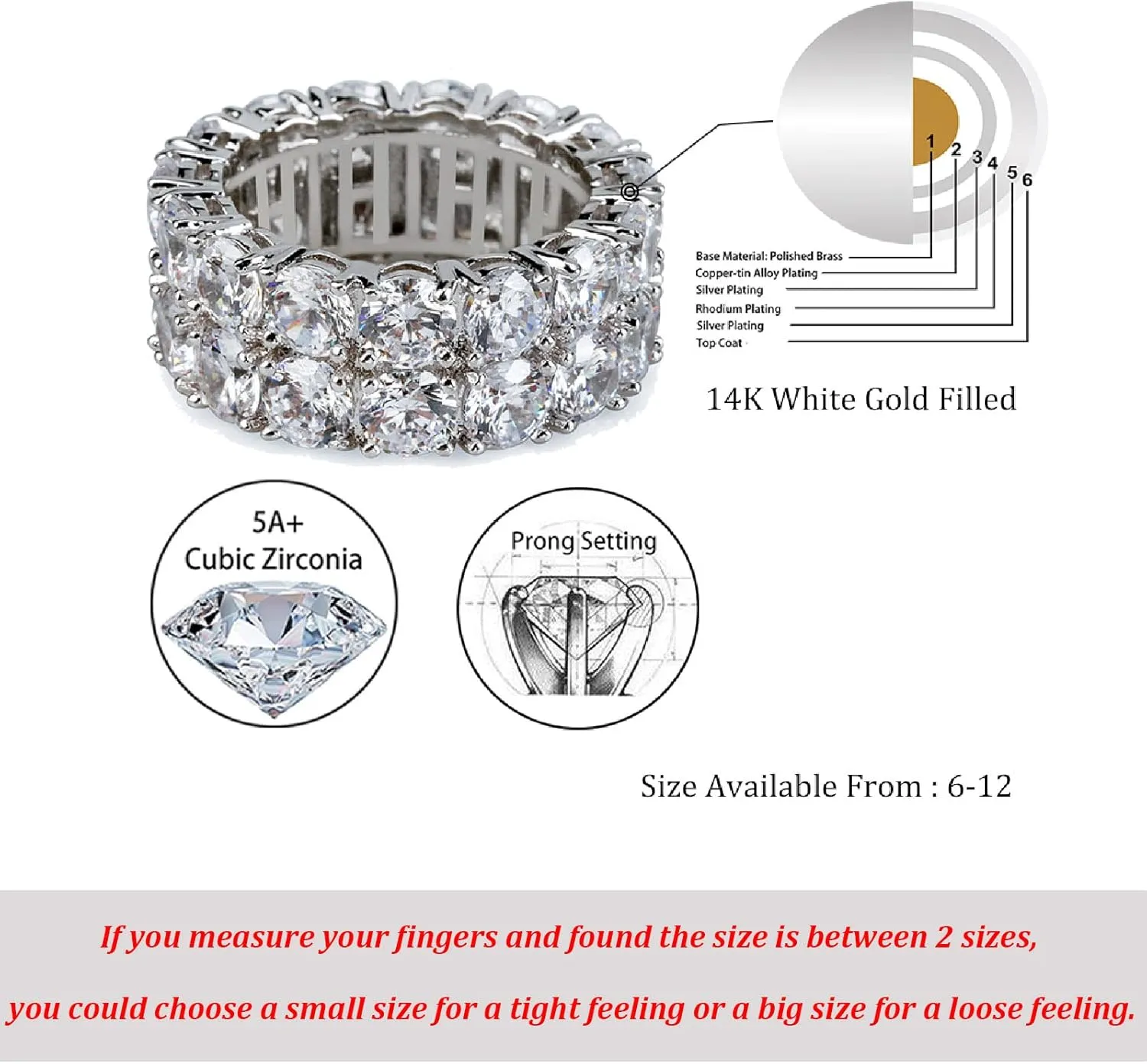 TOPGRILLZ Rings for Men - Men's 14K Gold Plated Brass, Chunky Faux Diamond Band Ring for Women, Unisex, 9mm - 2 Rows Round Cubic Zirconia Eternity