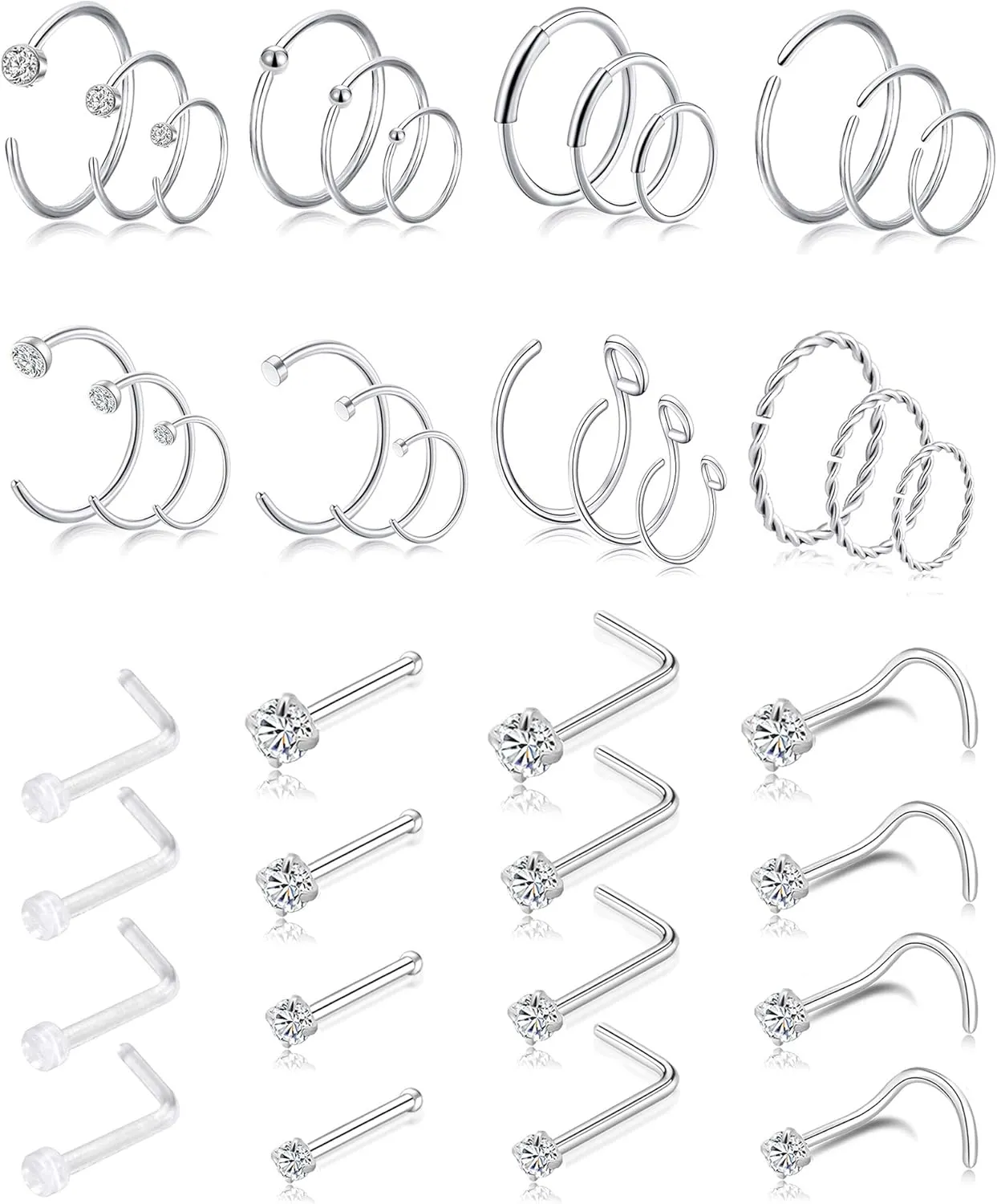 Tornito 20G 40Pcs Stainless Steel Nose Rings and Studs Set - L-Shaped Bone Curved Piercing Jewelry for Helix Cartilage Tragus - Body Piercing Hoop Rings for Men and Women 6mm 8mm 10mm