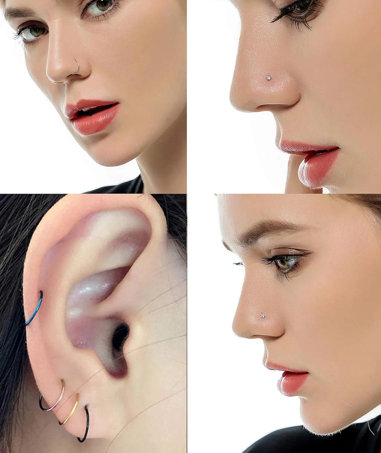 Tornito 20G 40Pcs Stainless Steel Nose Rings and Studs Set - L-Shaped Bone Curved Piercing Jewelry for Helix Cartilage Tragus - Body Piercing Hoop Rings for Men and Women 6mm 8mm 10mm
