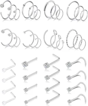 Tornito 20G 40Pcs Stainless Steel Nose Rings and Studs Set - L-Shaped Bone Curved Piercing Jewelry for Helix Cartilage Tragus - Body Piercing Hoop Rings for Men and Women 6mm 8mm 10mm