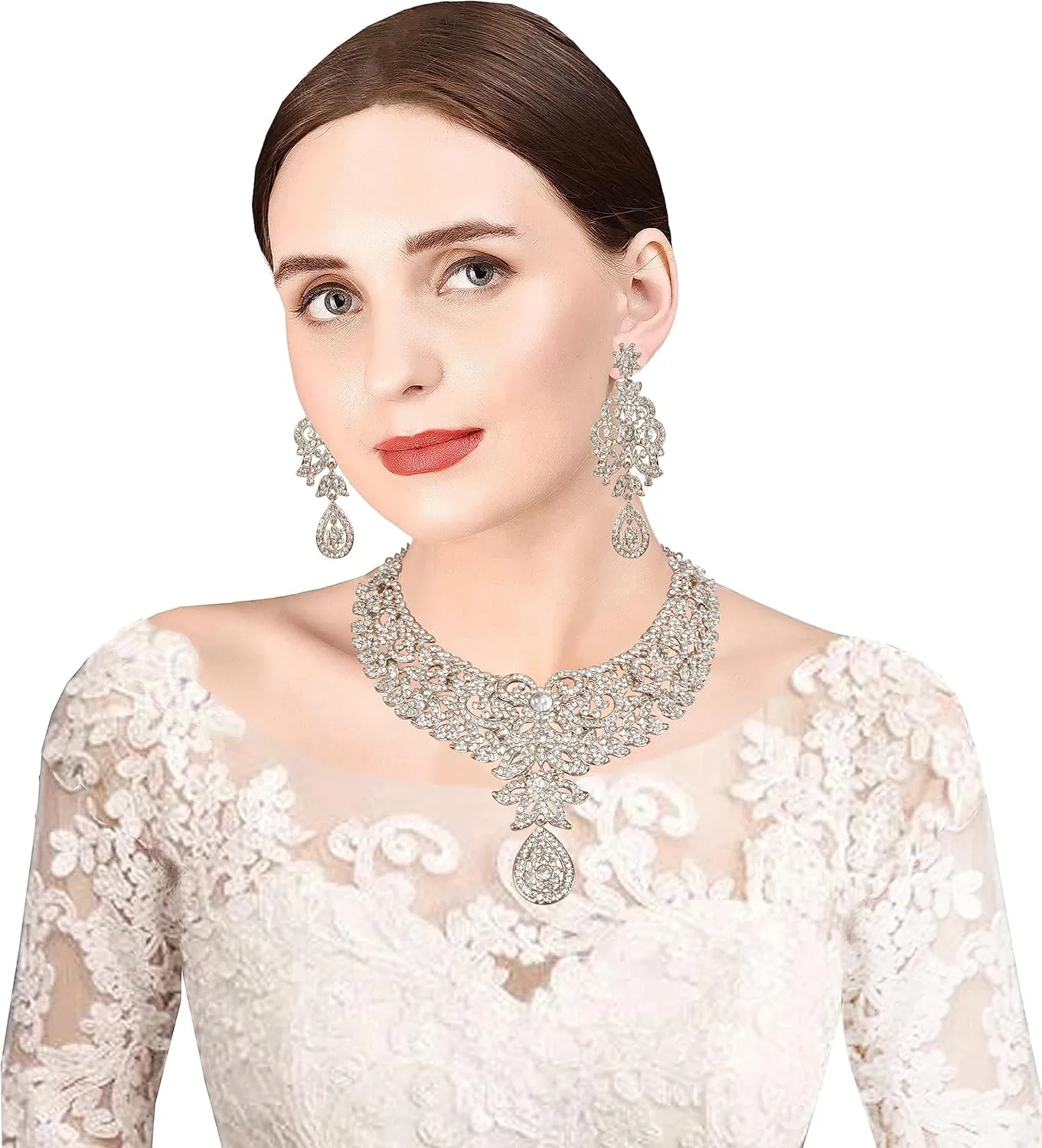 Touchstone Hollywood Glamour Pretty Filigree Paisley Motif Rhinestones Studded Diamond Look Designer Bridal Jewelry Hasli Necklace Set For Women In Antique Gold or White or Silver Tone.