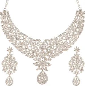 Touchstone Hollywood Glamour Pretty Filigree Paisley Motif Rhinestones Studded Diamond Look Designer Bridal Jewelry Hasli Necklace Set For Women In Antique Gold or White or Silver Tone.