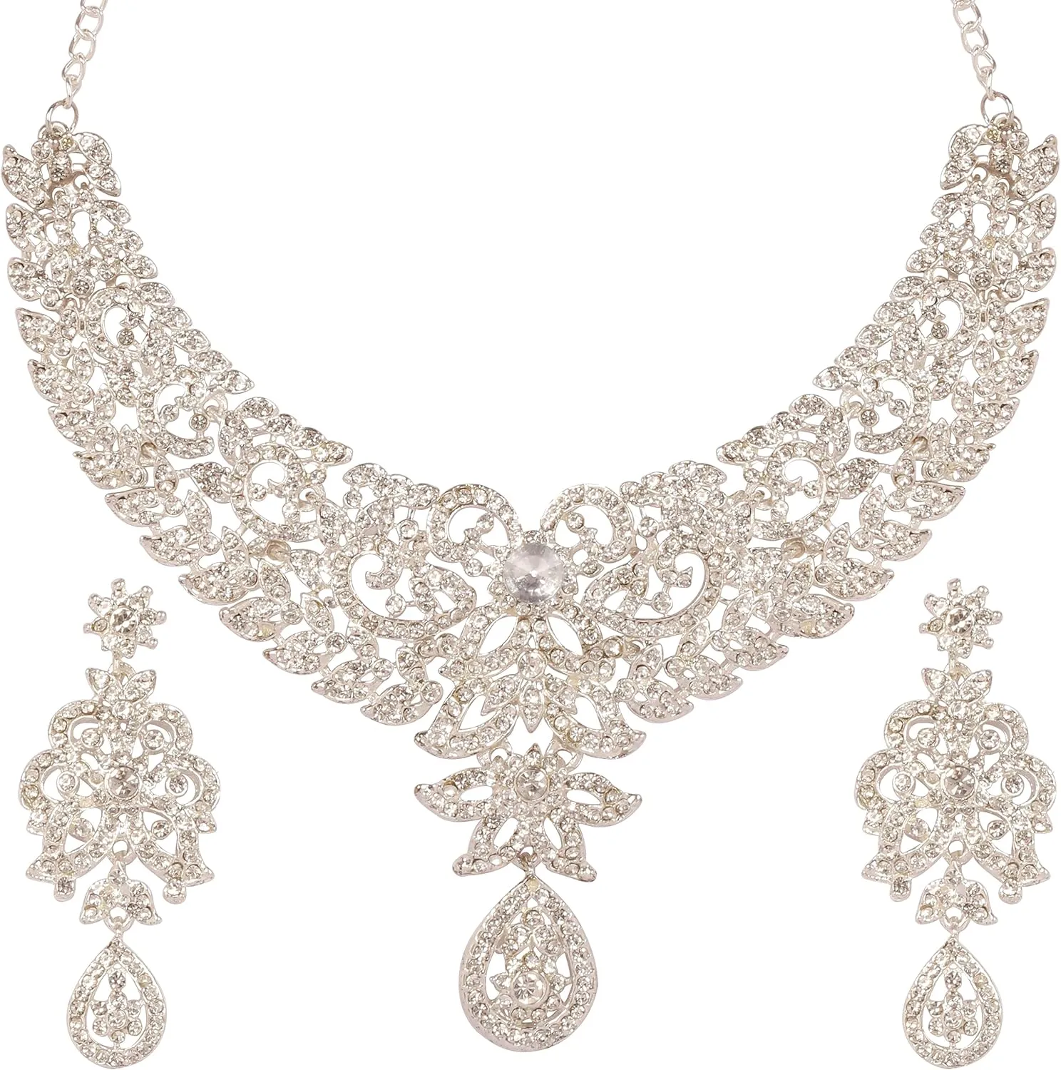 Touchstone Hollywood Glamour Pretty Filigree Paisley Motif Rhinestones Studded Diamond Look Designer Bridal Jewelry Hasli Necklace Set For Women In Antique Gold or White or Silver Tone.