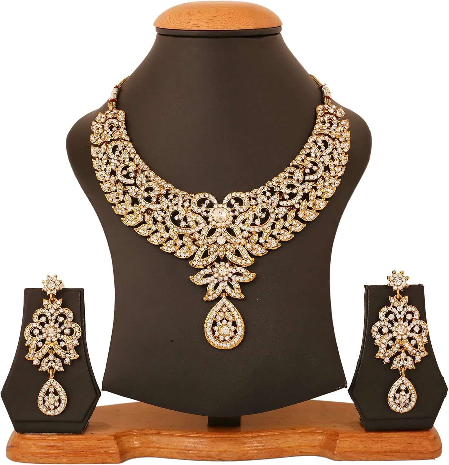 Touchstone Hollywood Glamour Pretty Filigree Paisley Motif Rhinestones Studded Diamond Look Designer Bridal Jewelry Hasli Necklace Set For Women In Antique Gold or White or Silver Tone.