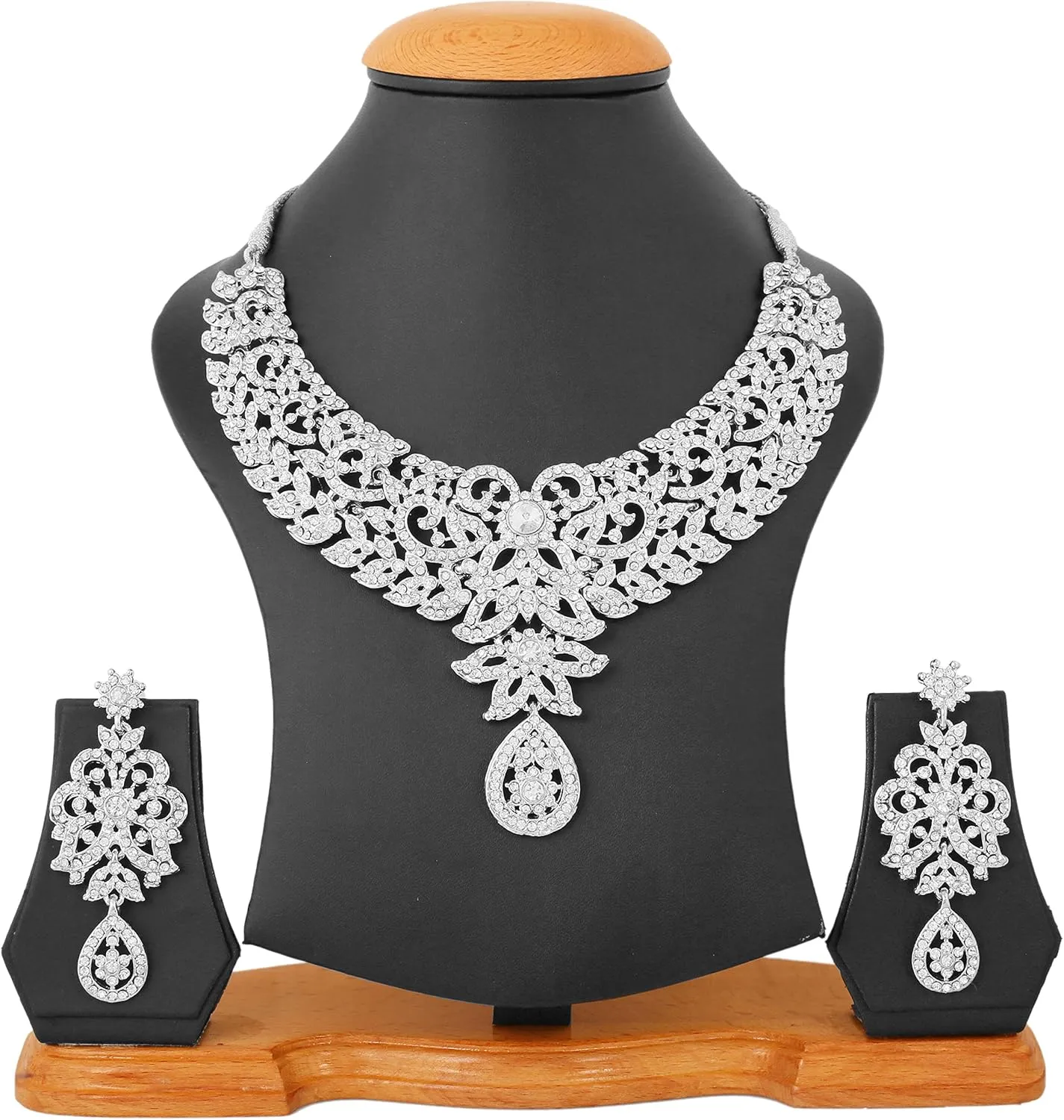 Touchstone Hollywood Glamour Pretty Filigree Paisley Motif Rhinestones Studded Diamond Look Designer Bridal Jewelry Hasli Necklace Set For Women In Antique Gold or White or Silver Tone.