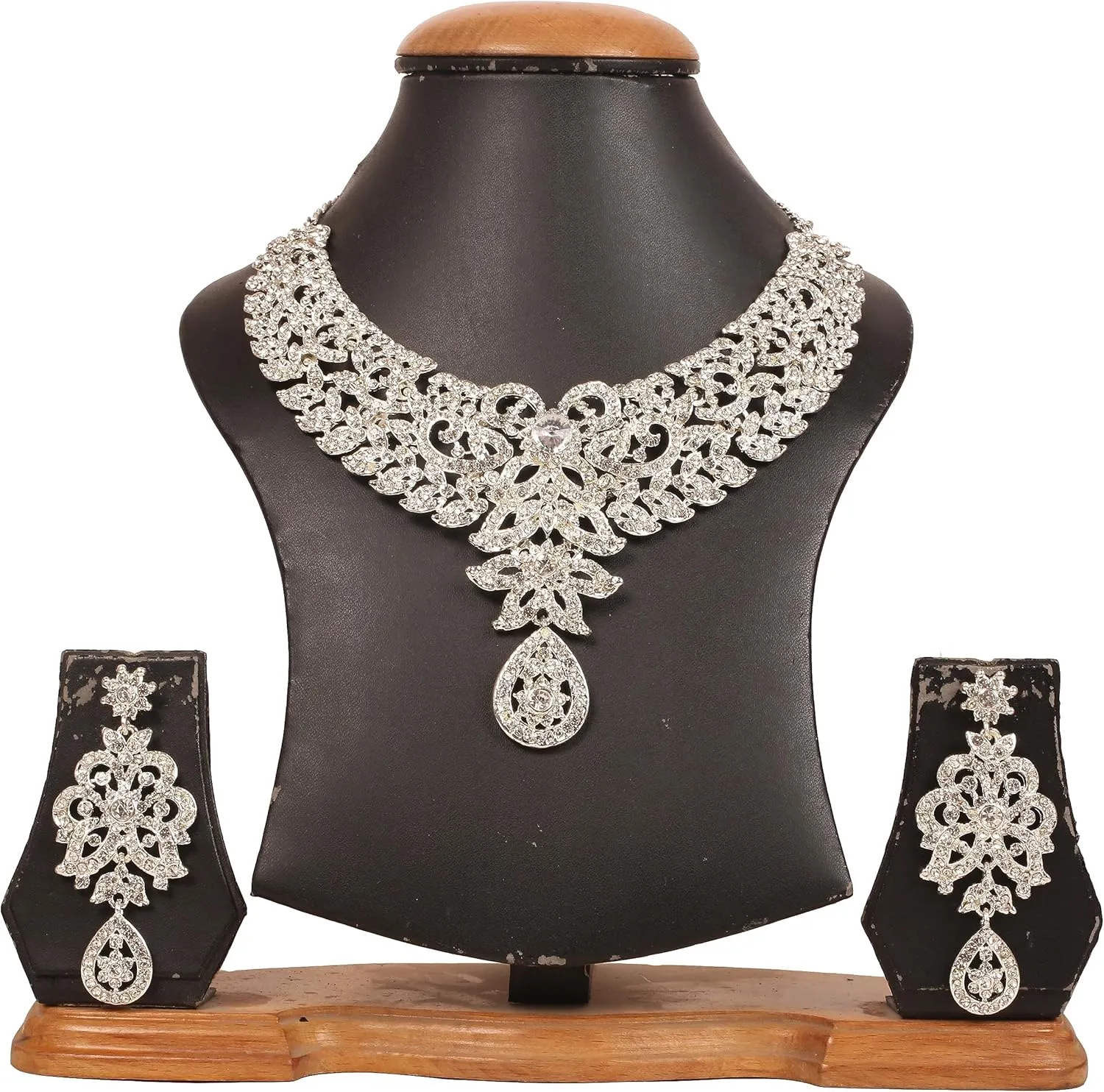 Touchstone Hollywood Glamour Pretty Filigree Paisley Motif Rhinestones Studded Diamond Look Designer Bridal Jewelry Hasli Necklace Set For Women In Antique Gold or White or Silver Tone.