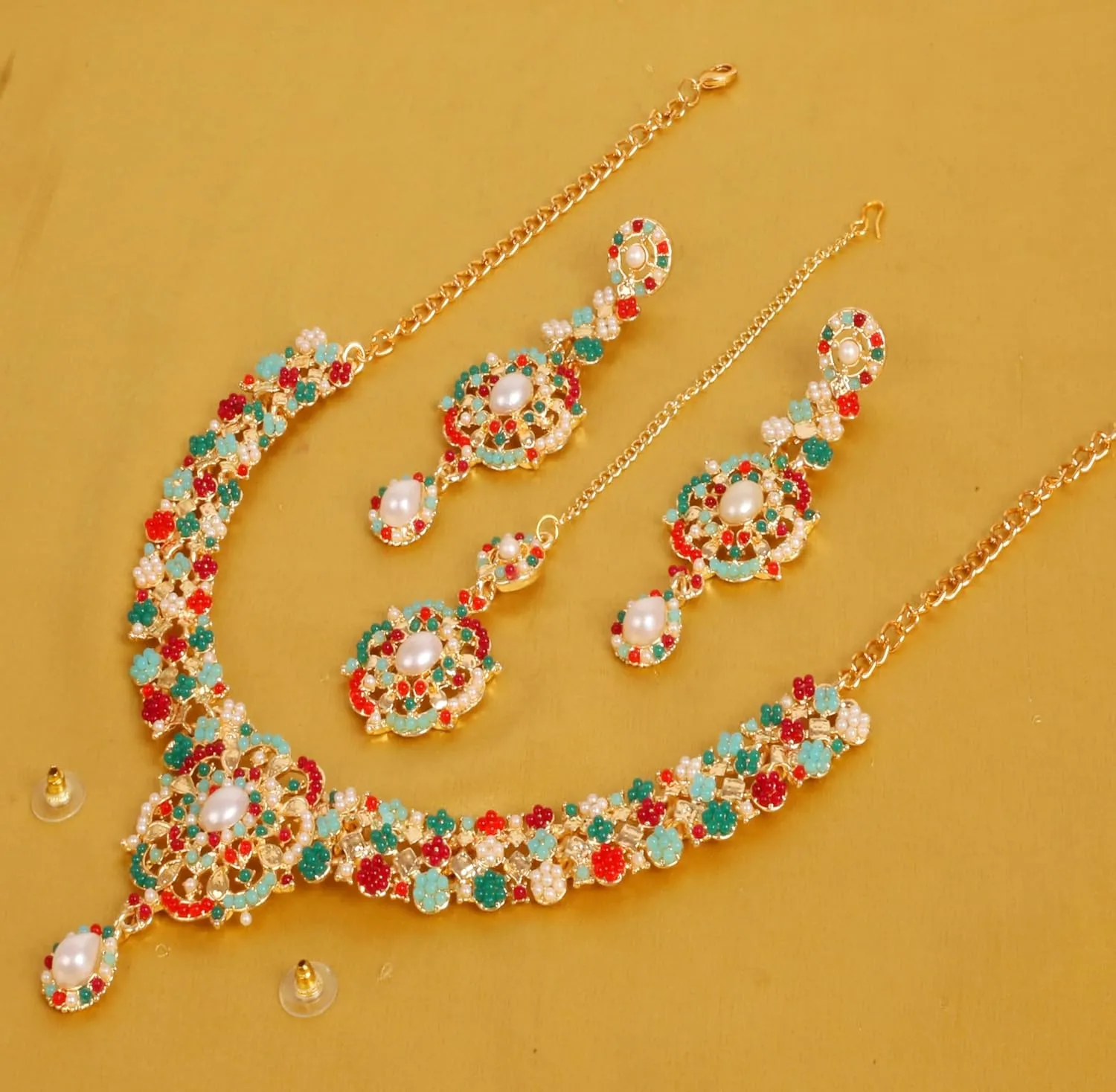 Touchstone Indian Bollywood Desire Enchanting Floral Diamond Studded Look Rhinestone Bridal Designer Jewelry Necklace Set In Gold or White Tone For Women.