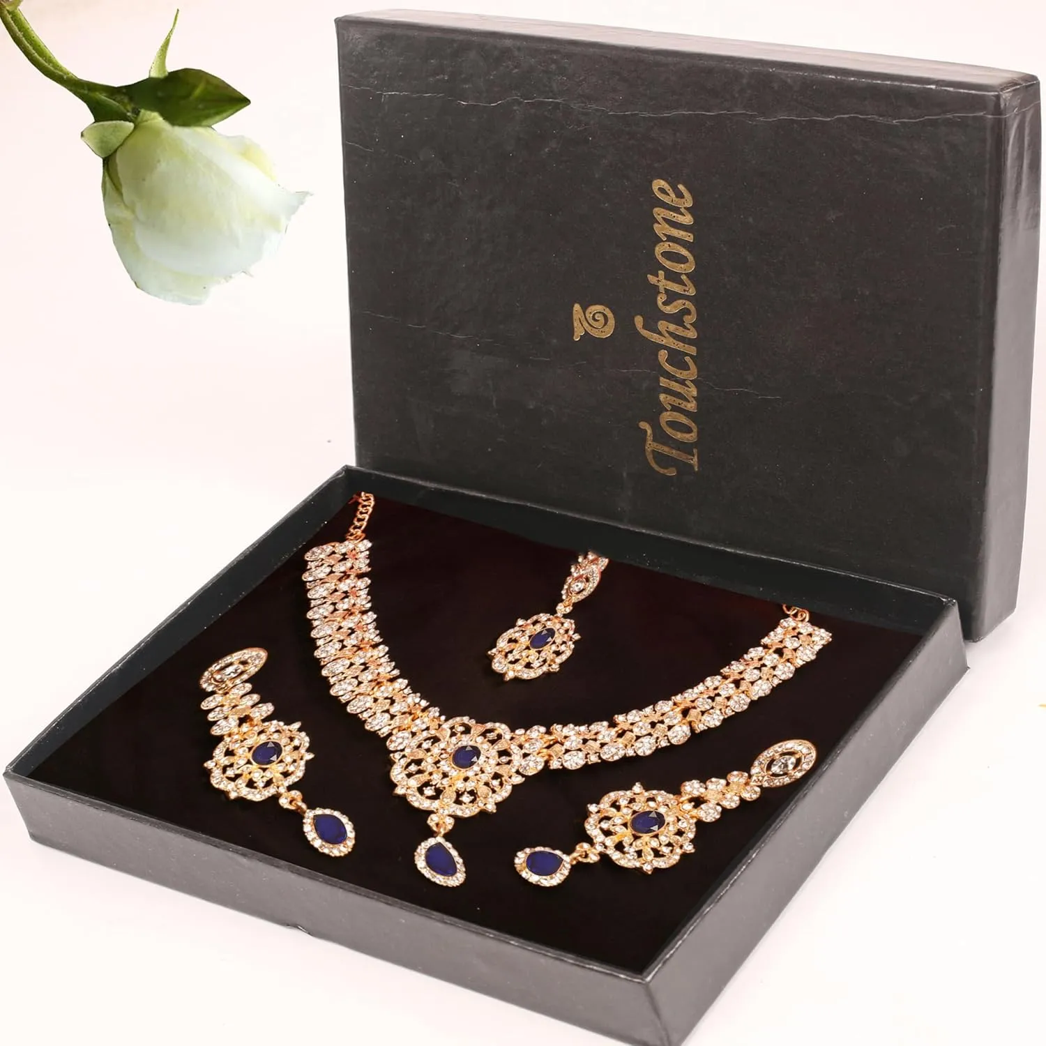 Touchstone Indian Bollywood Desire Enchanting Floral Diamond Studded Look Rhinestone Bridal Designer Jewelry Necklace Set In Gold or White Tone For Women.
