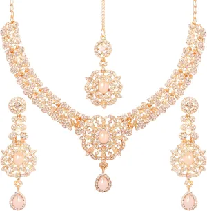 Touchstone Indian Bollywood Desire Enchanting Floral Diamond Studded Look Rhinestone Bridal Designer Jewelry Necklace Set In Gold or White Tone For Women.