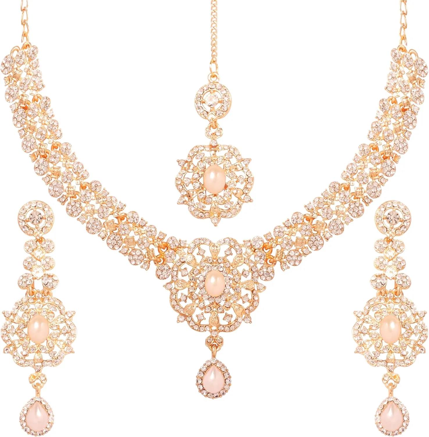 Touchstone Indian Bollywood Desire Enchanting Floral Diamond Studded Look Rhinestone Bridal Designer Jewelry Necklace Set In Gold or White Tone For Women.