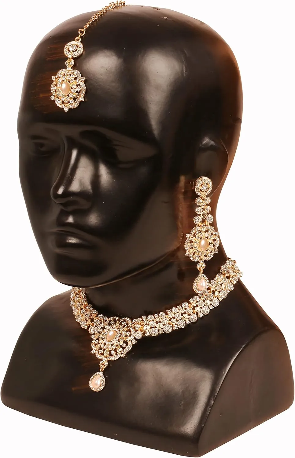 Touchstone Indian Bollywood Desire Enchanting Floral Diamond Studded Look Rhinestone Bridal Designer Jewelry Necklace Set In Gold or White Tone For Women.