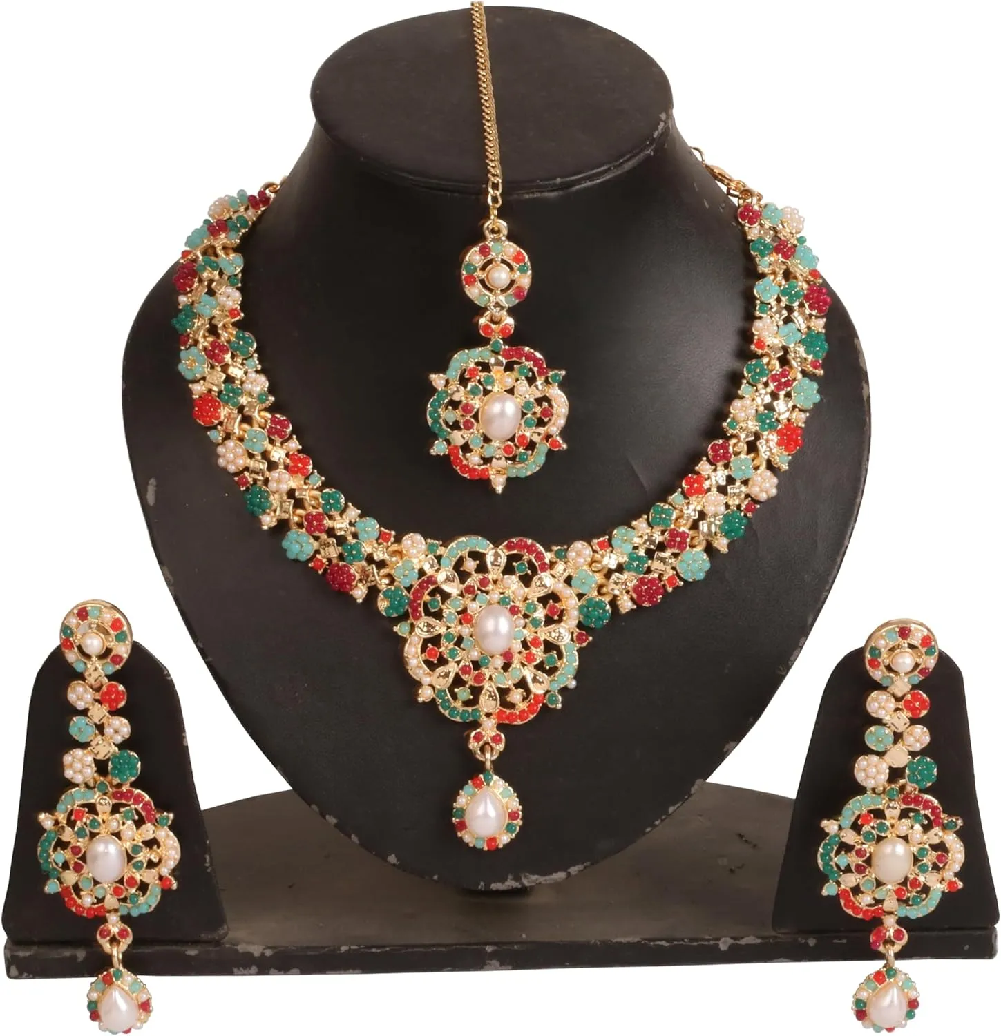 Touchstone Indian Bollywood Desire Enchanting Floral Diamond Studded Look Rhinestone Bridal Designer Jewelry Necklace Set In Gold or White Tone For Women.