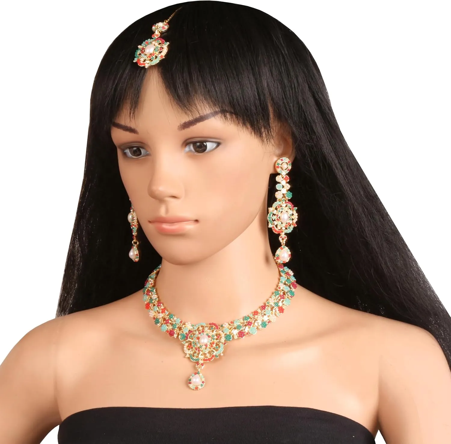 Touchstone Indian Bollywood Desire Enchanting Floral Diamond Studded Look Rhinestone Bridal Designer Jewelry Necklace Set In Gold or White Tone For Women.