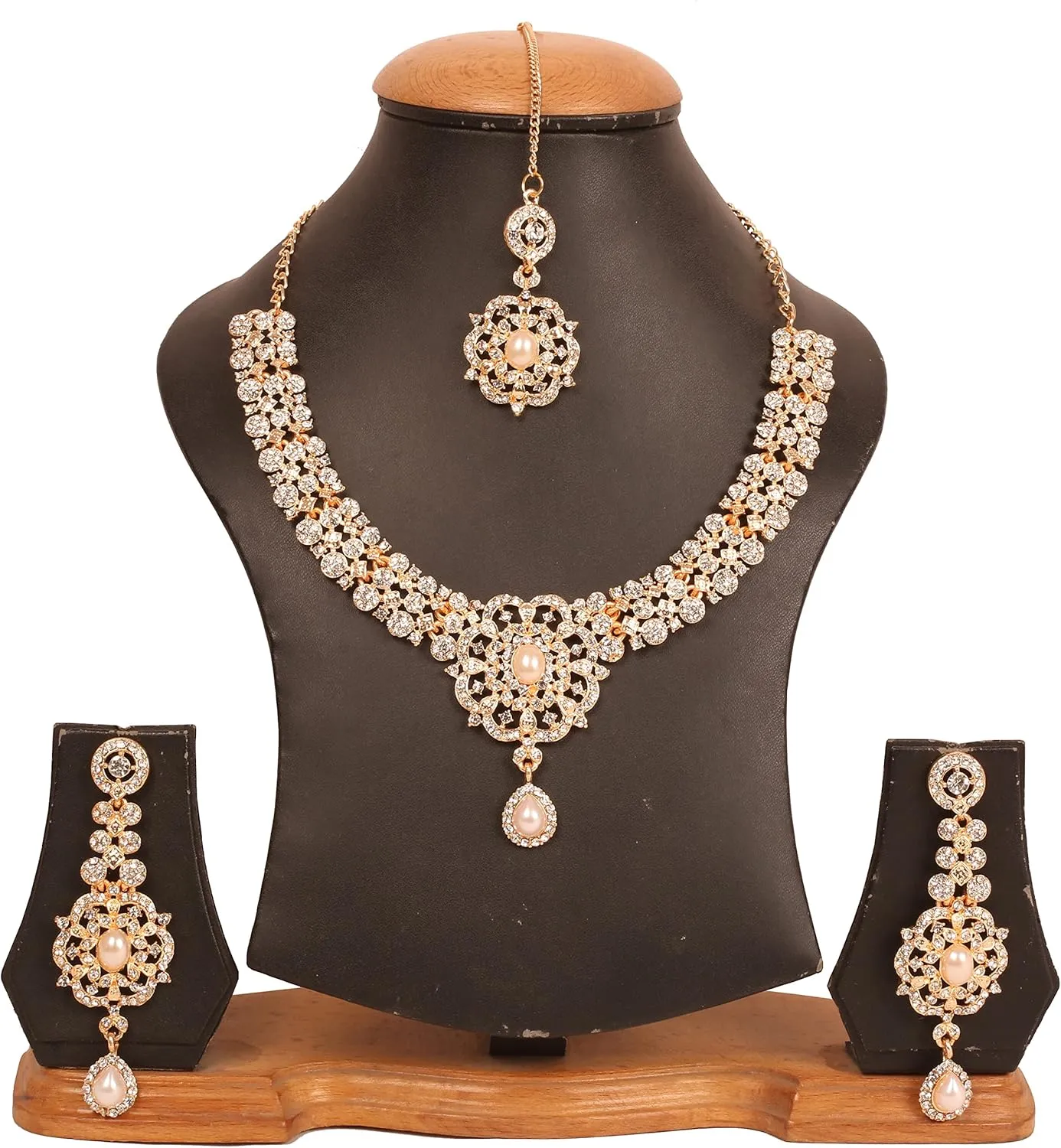 Touchstone Indian Bollywood Desire Enchanting Floral Diamond Studded Look Rhinestone Bridal Designer Jewelry Necklace Set In Gold or White Tone For Women.