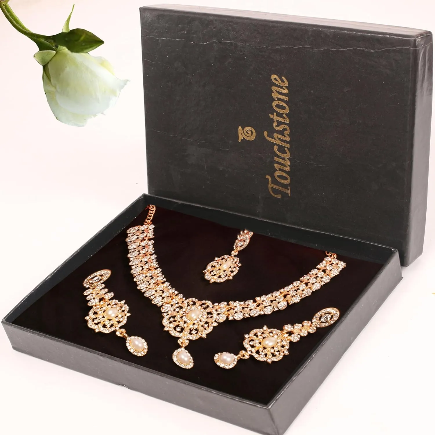 Touchstone Indian Bollywood Desire Enchanting Floral Diamond Studded Look Rhinestone Bridal Designer Jewelry Necklace Set In Gold or White Tone For Women.
